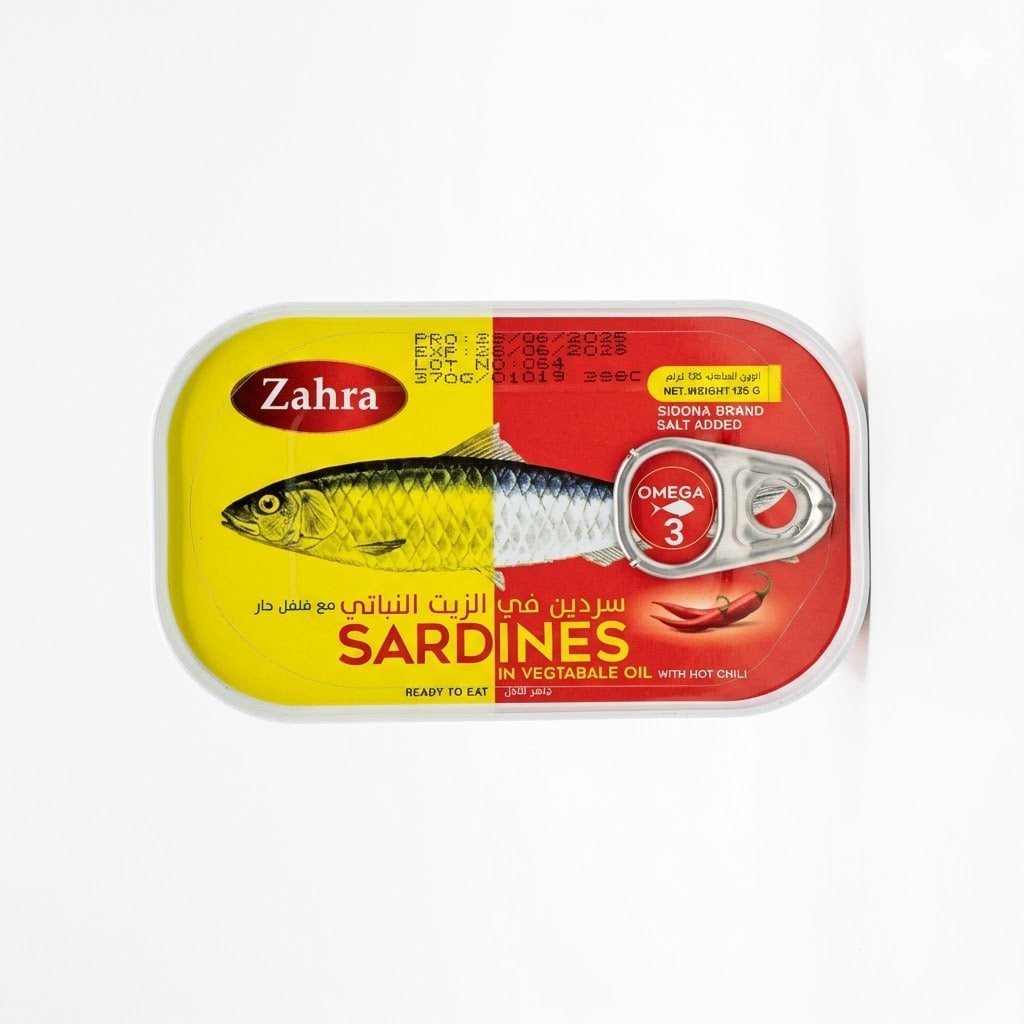 ساردینەی Zahra لە زەیتی ڕووەکی لەگەڵ فلفلی گەرم 125g