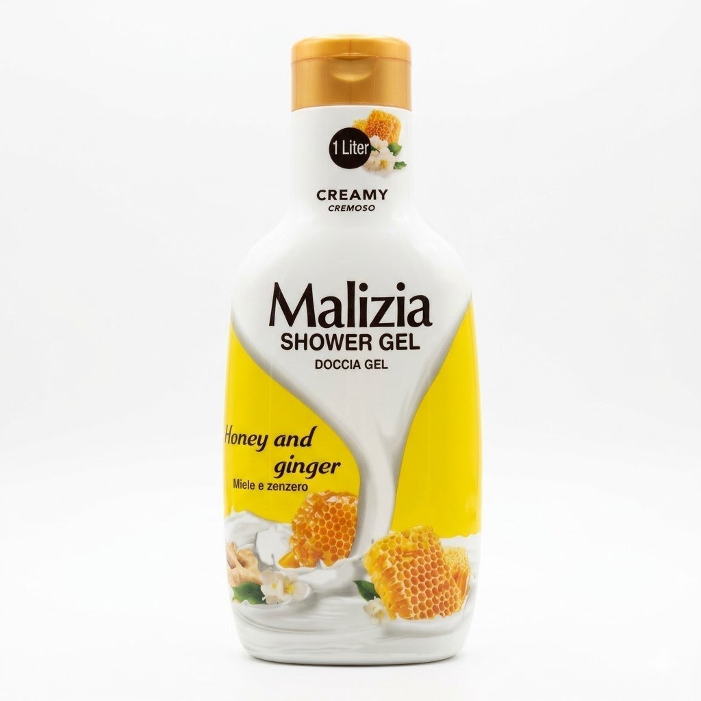 جێڵی خۆشتنی کرێمی مالیزیا (Malizia) بە بۆنی هەنگوین و زەنجەفیل، ١ لیتر.
