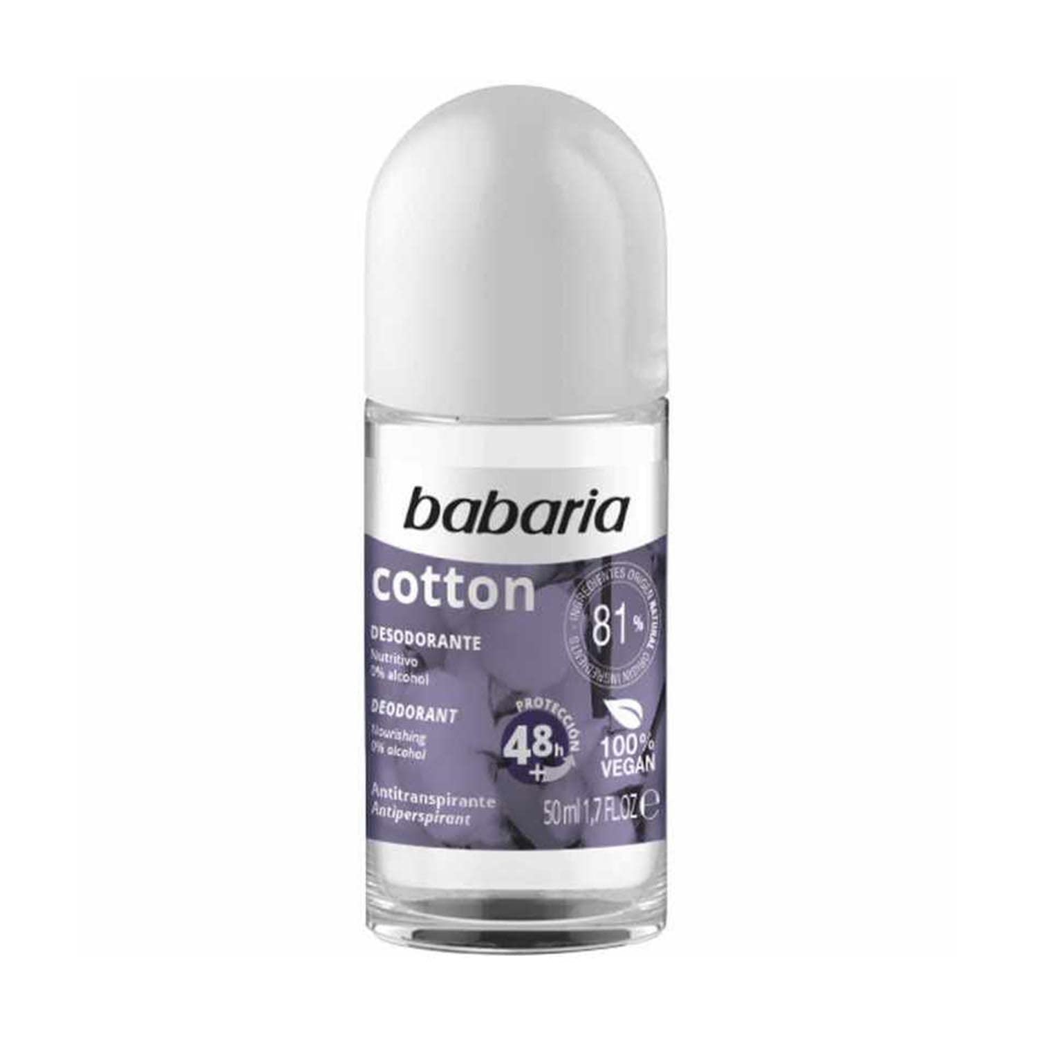دیۆدرانتی باباریا (Babaria) جۆری لۆکە (Cotton)، خۆراکبەخش، پاراستنی ٤٨ کاتژمێر، بێ کحول، ١٠٠٪ ڤیگن (ڕووەکی)، ٥٠ مل.