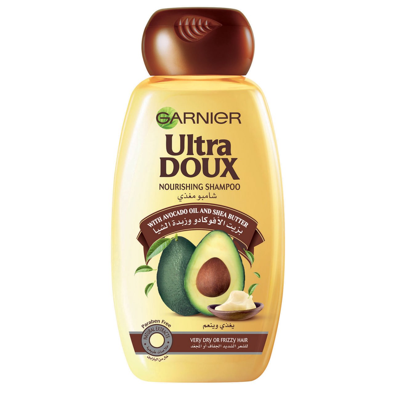 شامپوی گارنیر Ultra Doux بە ڕۆنی ئەڤۆکادو و زەبدەی شیا بۆ خۆراکی قژ 400 مل